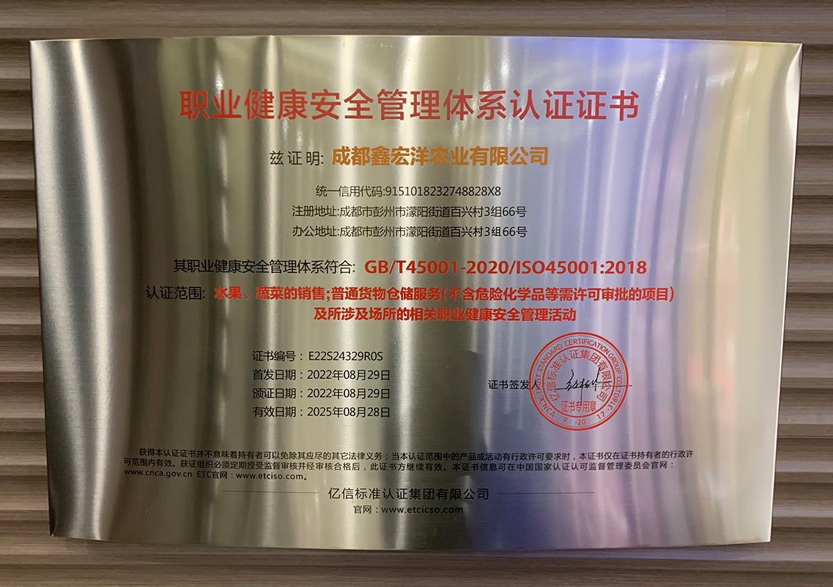 职业健康安全管理体系认证证书